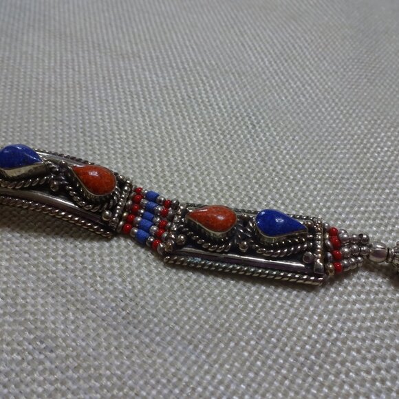 Tribal BLUE LAPIS & RED CORAL Handmade Sterling Bracelet 7 1/2" #889B - Picture 2 of 4